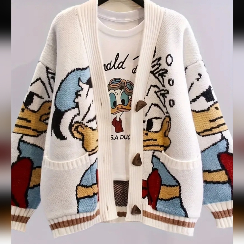 Playful Cartoon Graphic Cardigan - White and Blue